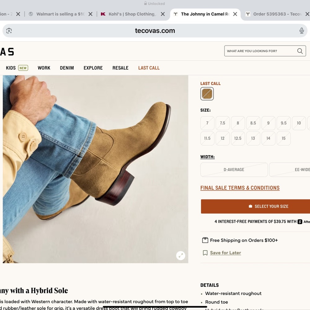 Tecovas Men's Tan Leather Boots Johnny Roughout Suede 8.5 EE NEW IN BOX